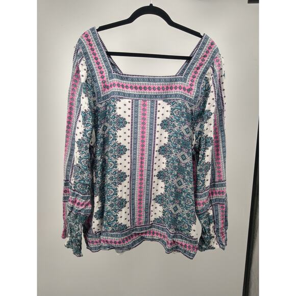 Lane Bryant Blouse Top Plus 18 Classic‎ Long Sleeve Square Neck Boho Teal Pink - Picture 9 of 12